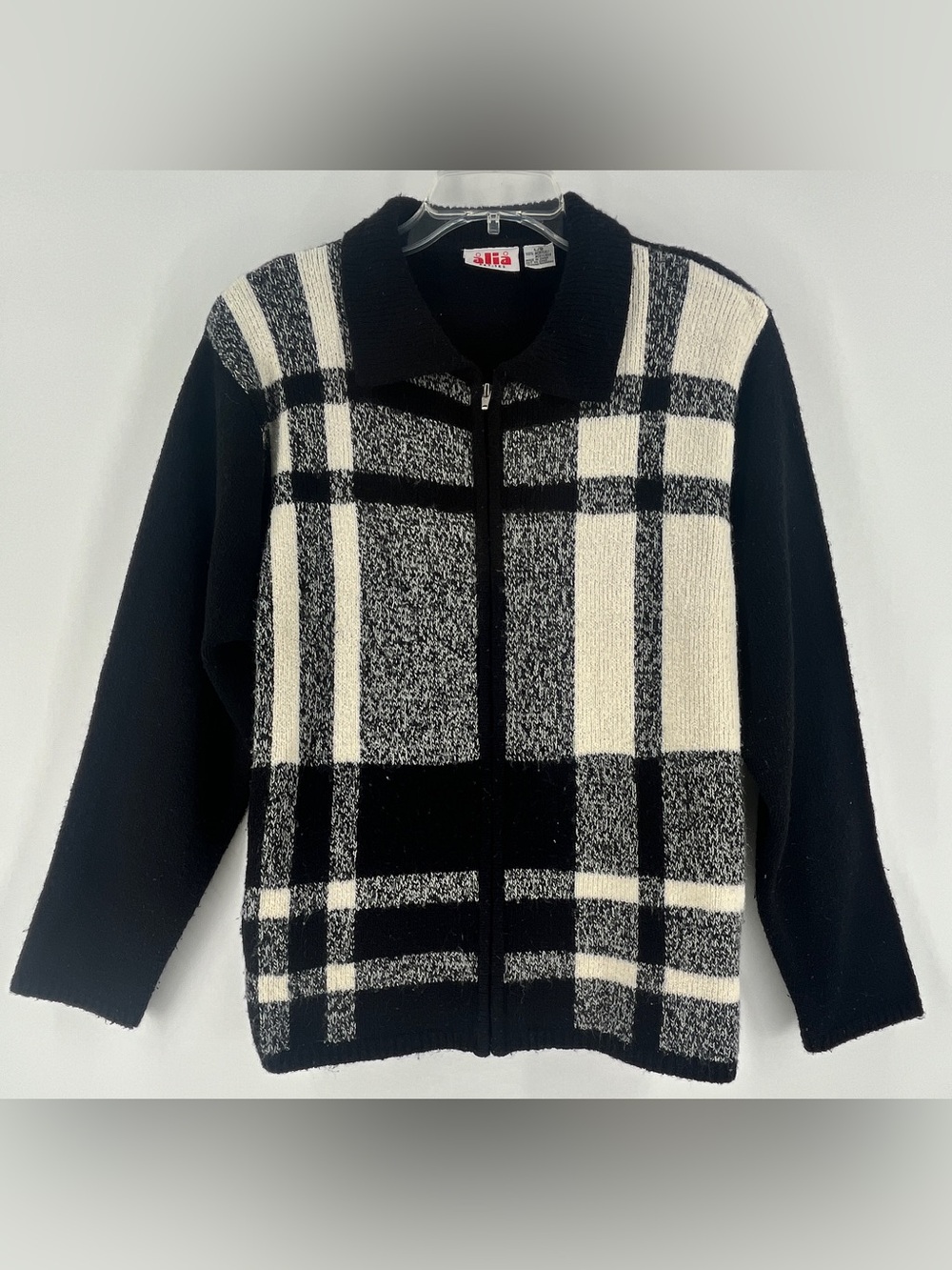 Vintage Plaid Full Zip Sweater Large Dark Academia Monochrome Knit
